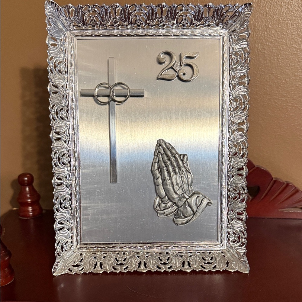 Elegant Silver Anniversary Frame with Cross and Praying Hands